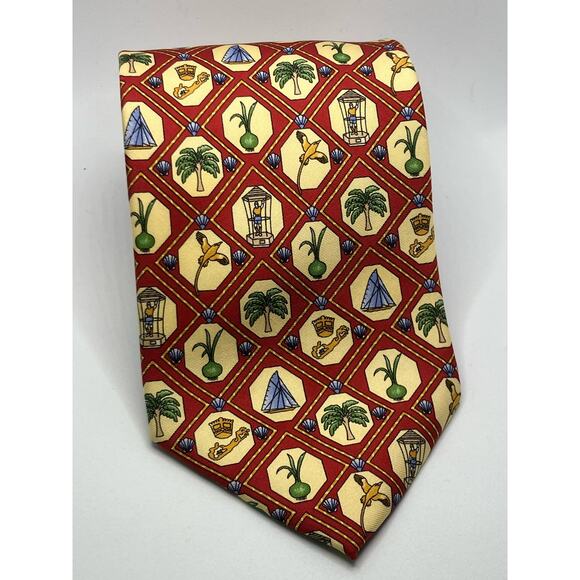 Vintage English Sports Shop Bermuda Neck Tie Red Yellow Tropical Palm Italy 3.5" - Picture 1 of 8